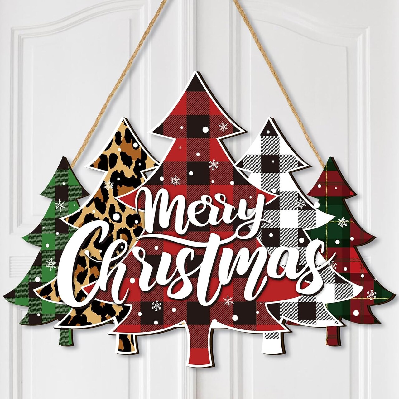 Merry Christmas Door Sign Buffalo Plaid Tree Wood Decor Farmhouse Hanging Plaque for Porch Xmas Front Outdoor Home Decor(Tree Style)
